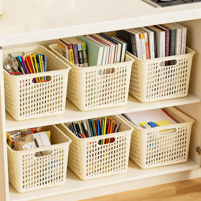 Simple style desktop file basket, office stationery storage box, office classroom, dormitory file basket, good-looking large-capacity storage basket, cream style storage basket, medium size, 1 pack, activity style