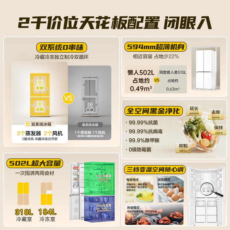 Haier refrigerator four-door multi-door refrigerator dual-system dual-cycle air-cooled frost-free double-door first-class energy efficiency frequency conversion energy-saving cross-door household refrigerator Leader intelligent control dual-system evaporator + full space purification and sterilization + three-speed temperature change for mother and baby