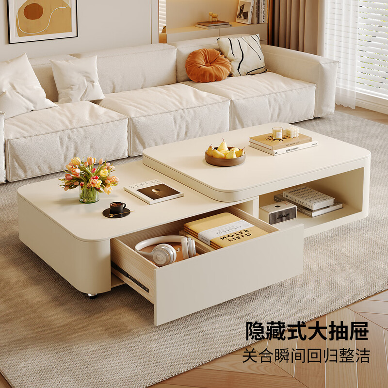 Home Fragrance Dream retractable slate coffee table living room household large and small apartment coffee table table movable cream style modern small table tea table pure white slate retractable coffee table 80*60*40cm