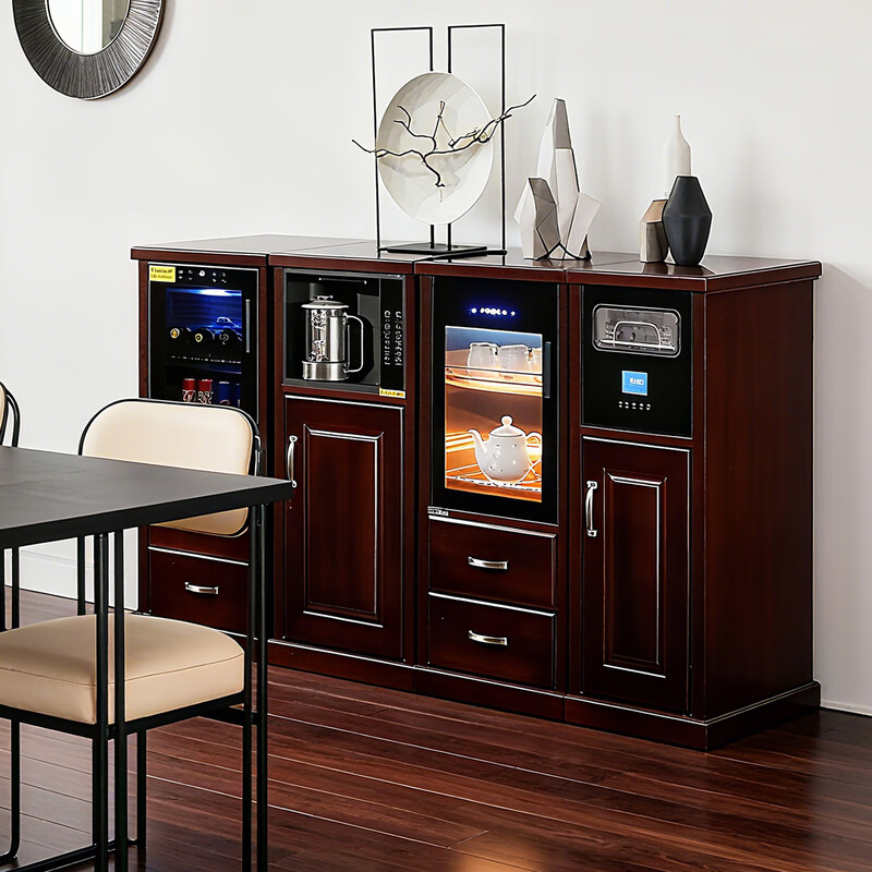 Zetian office tea bar machine with refrigerator refrigeration and fresh-keeping combination cabinet 2025 new home living room tea cabinet sideboard red walnut color cooling and heating type four-door combination-with refrigerator upgrade