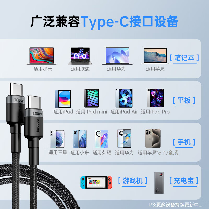 Baseus Type-C Apple data cable double-ended PD100W fast charging cable c to c car charging cable suitable for Apple iPhone17/16e/15Pro mobile phone iPad Macbook