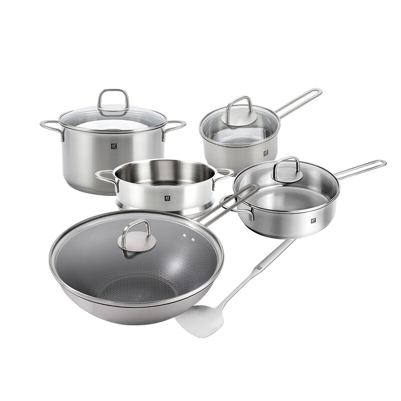 ZWILLING pot set includes titanium honeycomb stainless steel wok, pan, frying pan, soup pot, spatula, spoon, kitchenware set, titanium wok + soup pot, steamer + frying pan + milk pot + spatula, 6-piece set
