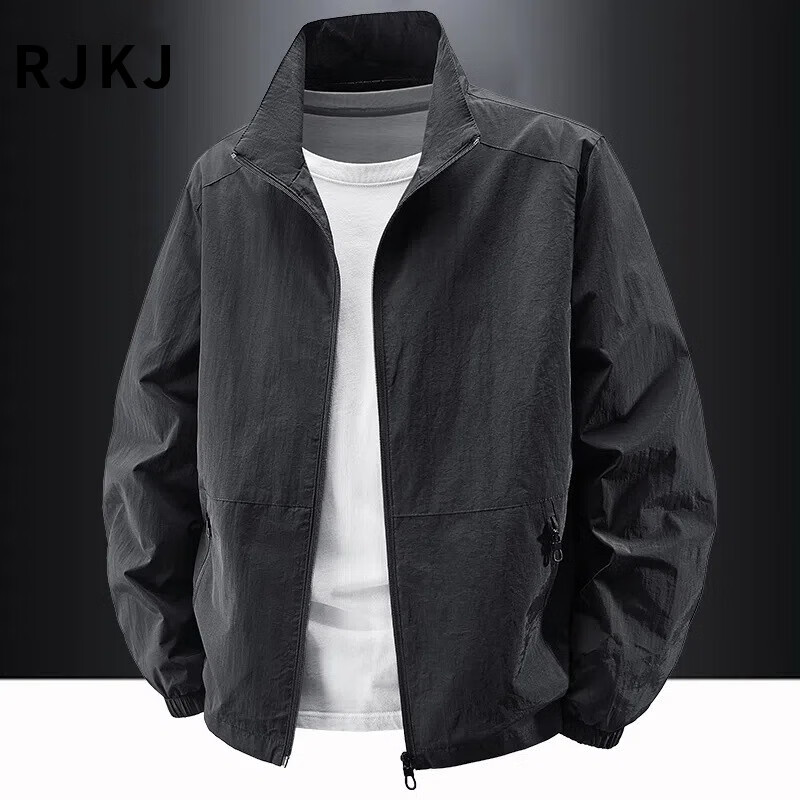 RJKJ Light Luxury Brand Men's Jackets Spring, Autumn and Winter New Outdoor Velvet Casual Stand-up Collar Trendy Upper Clothes Black - Velvet Thickening - 8919 Jacket L (Recommended 115-130 catties)