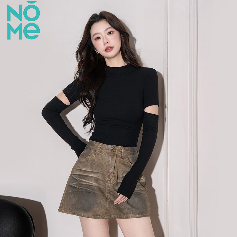 NOME half turtleneck long-sleeved bottoming shirt for women autumn knitted inner design hollow slim top black M