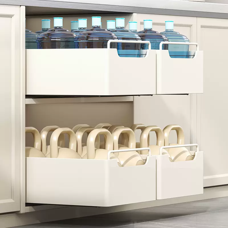 Yusenyi kitchen pull-out storage rack inside the cabinet drawer-type deep cabinet storage box under the sink narrow gap spice box storage basket milky white (heightened) 25 wide 43 deep pull-out storage box
