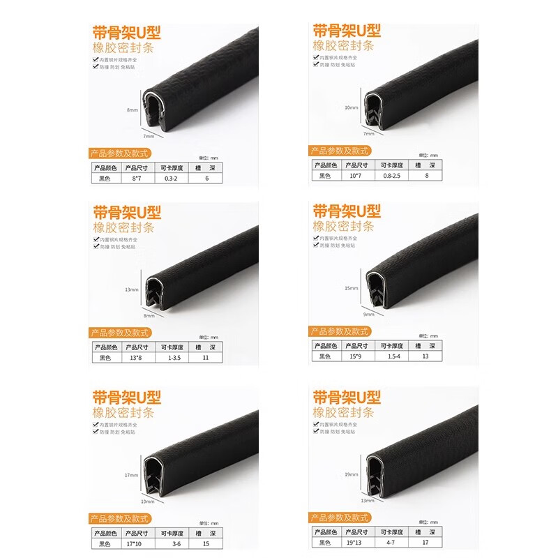 Tamushi rubber edging strip U-shaped skeleton sealing strip mechanical sheet metal bridge anti-cut hand decorative mouth protection strip card strip 7mm wide 8mm high card 0.3-2mm - black - 5 meters
