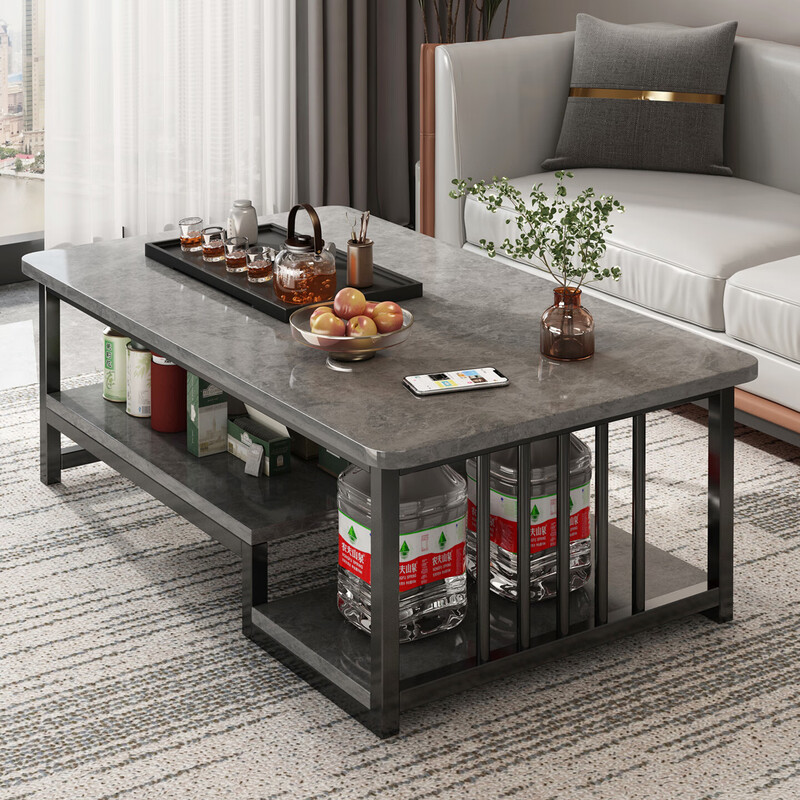 Coffee table, living room, home, small apartment table, rental house, 2025 new modern minimalist balcony sofa, coffee table, floor-standing cabinet, classic feather gray + black frame 120CM
