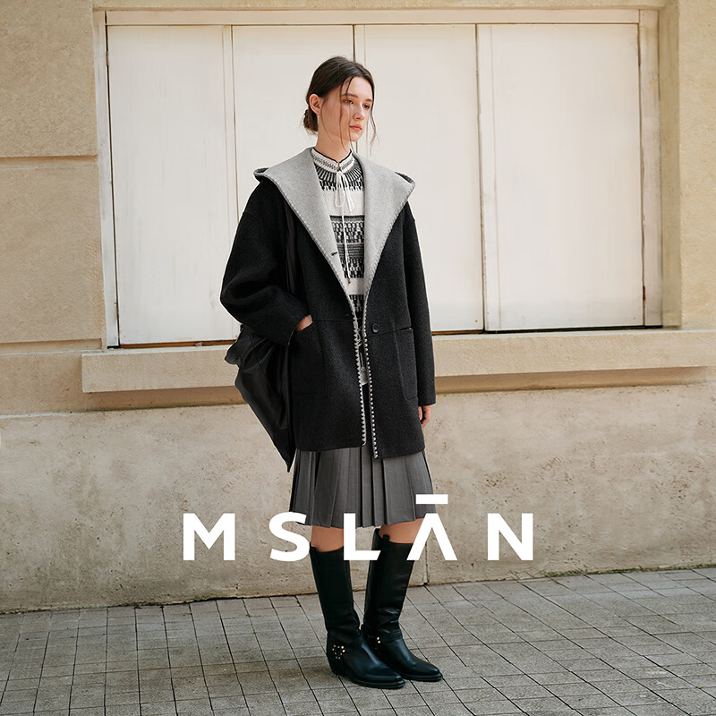 MSLAN winter light wool retro large-profile wool coat 25 winter shell embroidered hooded reversible woolen thick coat dark gray XS