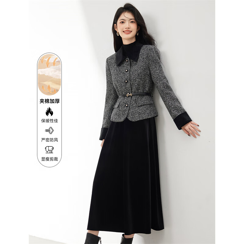 Xinfeiyu French thickened short coat small fragrant style suit for women 25 winter new small velvet skirt two-piece set