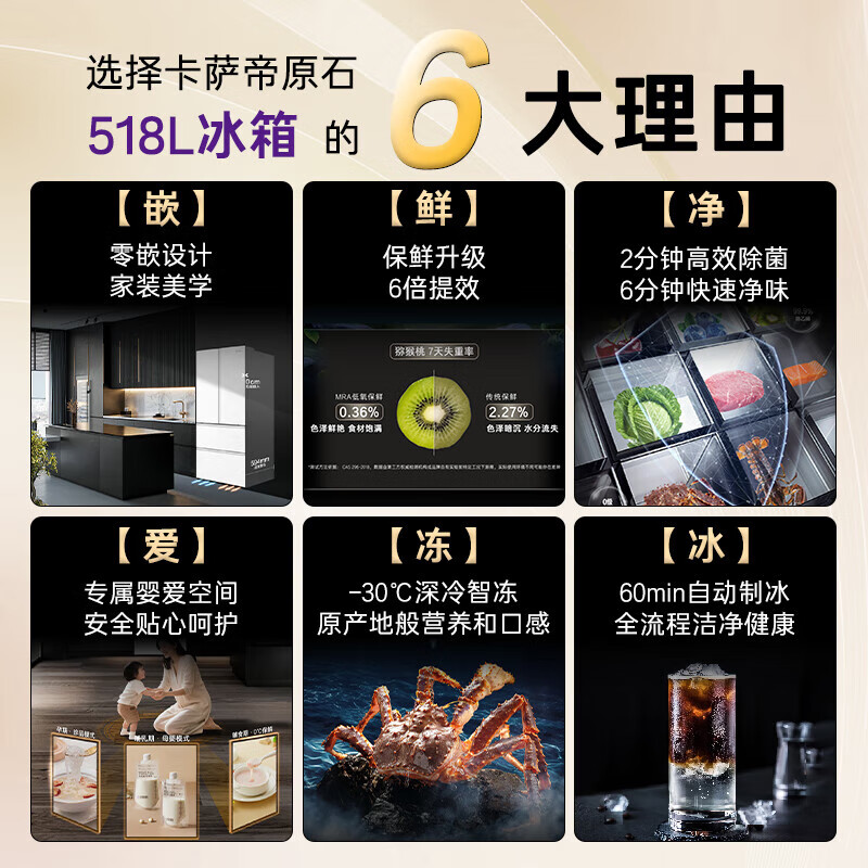 Casarte original stone series 518 liter French multi-door refrigerator 594MM professional ultra-thin zero-embedded fully automatic ice making first-class energy efficiency government subsidy up to 15% off white