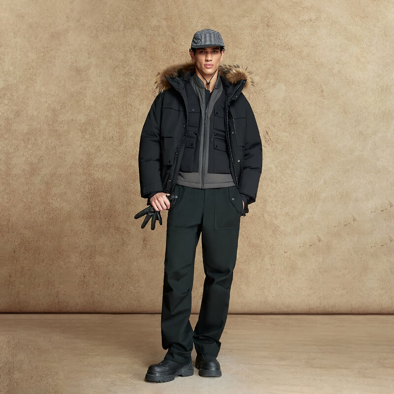 JACK&JONES men's down jacket, versatile and fashionable embroidered detachable fur collar hooded loose warm jacket top 225412054