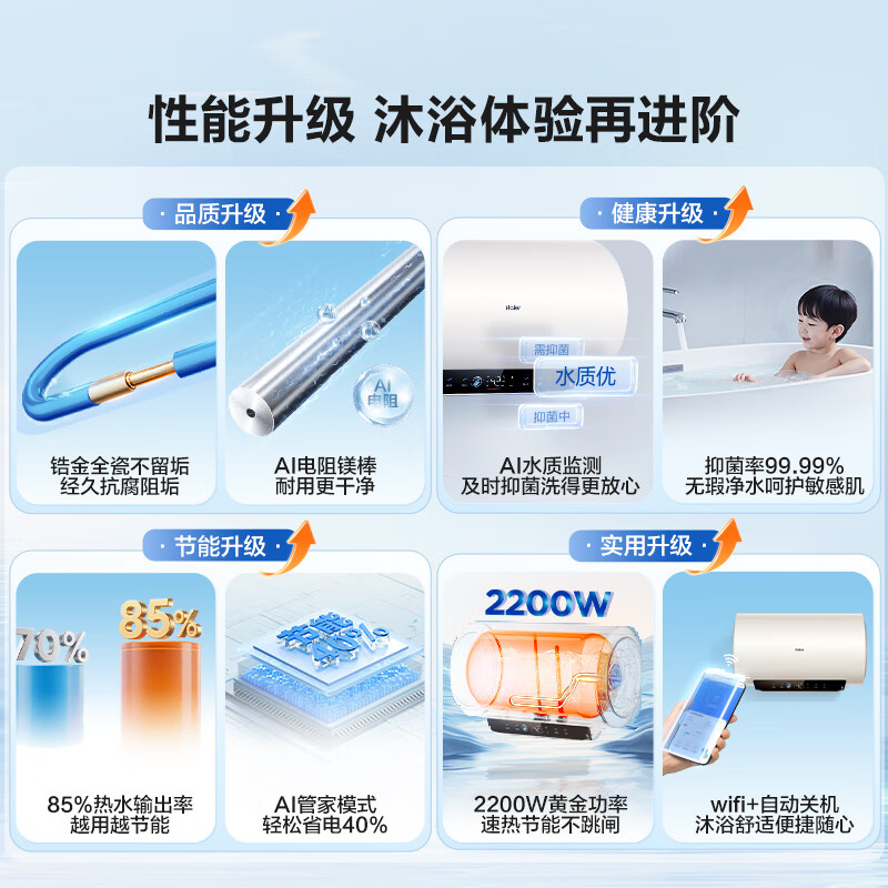 Haier's nationally subsidized electric water heater 60 liters PD3S King Kong seamless gallbladder AI long-lasting magnesium rod does not need to be replaced for life Level 1 energy efficiency energy saving fast heating household bathing water storage type safety