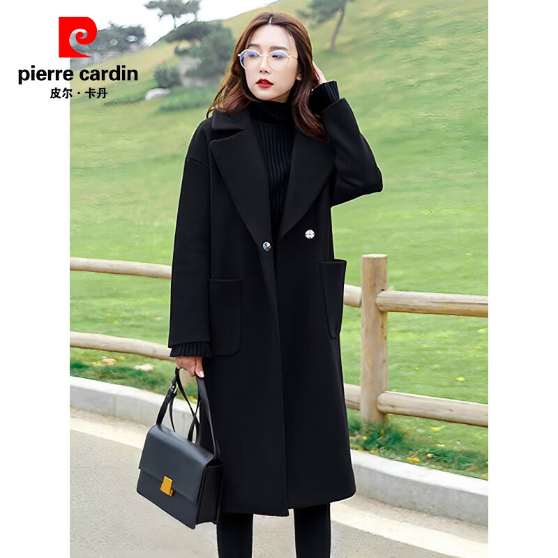 Pierre Cardin Korean style black lapel woolen coat for women autumn and winter plus size women's fat MM220 catties small person thickened woolen coat black woolen thickened S recommended under 90 catties