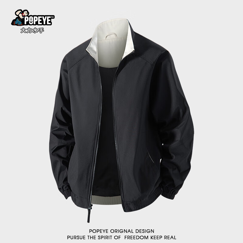 Popeye Outdoor American Stand Collar Jacket Men's Autumn and Winter Loose Casual Sports Flight Jacket DJ09 Black XL