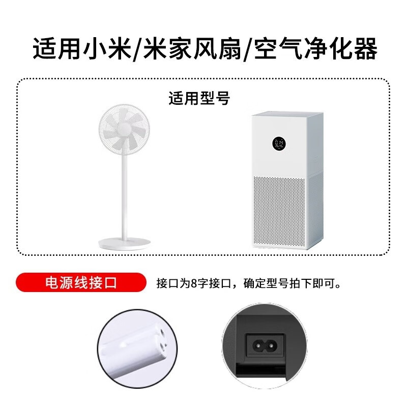 Jinling Shengbao Xiaomi air purifier power cord two-hole plug 5S/4Pro/4MAX/3/2S/Pro eight-eight-shaped round 2-hole Mijia fan sweeping robot charging cable white 1.5m
