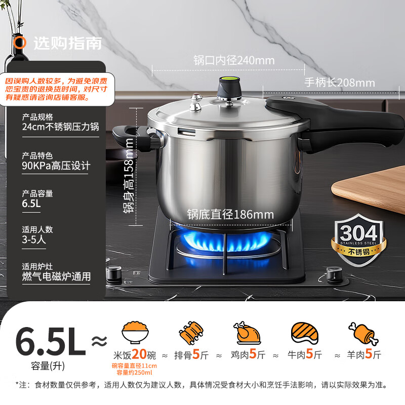 ASD pressure cooker 304 stainless steel six insurance 6.5L pressure cooker gas electromagnetic universal WG1824DN