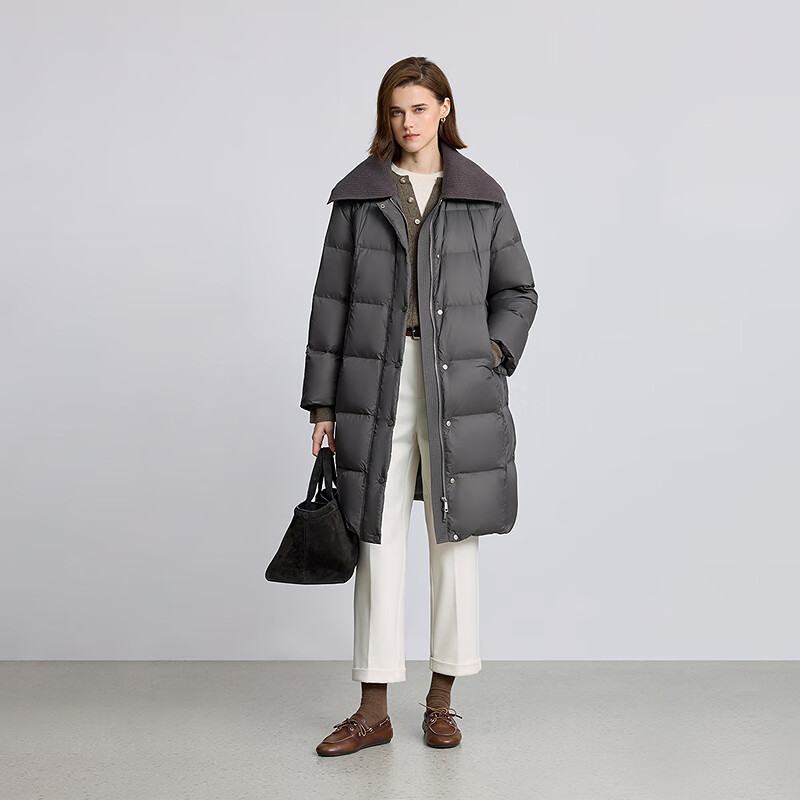 LILY2025 Winter New Retro Knitted Lapel Loose Casual 90 Duck Down Puff Down Jacket Women's Long 506 Medium Gray S