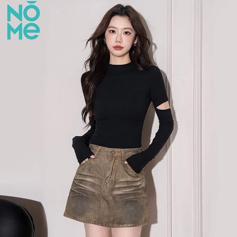 NOME half turtleneck long-sleeved bottoming shirt for women autumn knitted inner design hollow slim top black M
