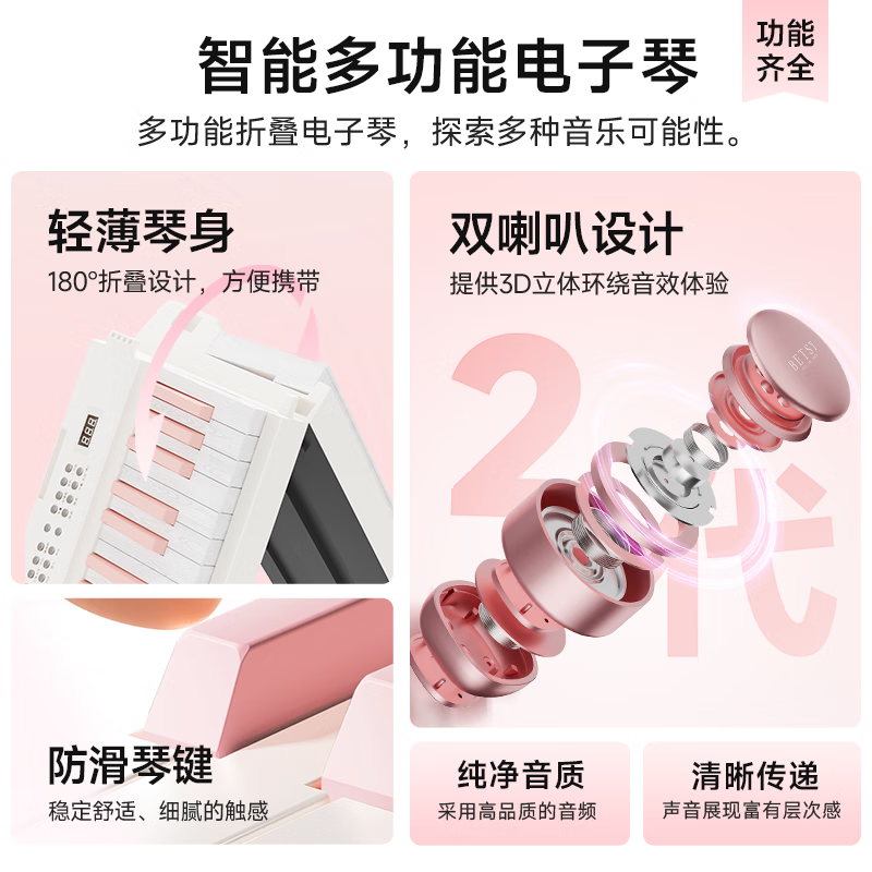 Betsy Electronic Piano 61 Keys Portable Beginner Folding Piano for Adults and Children - B151pro Pink Keys