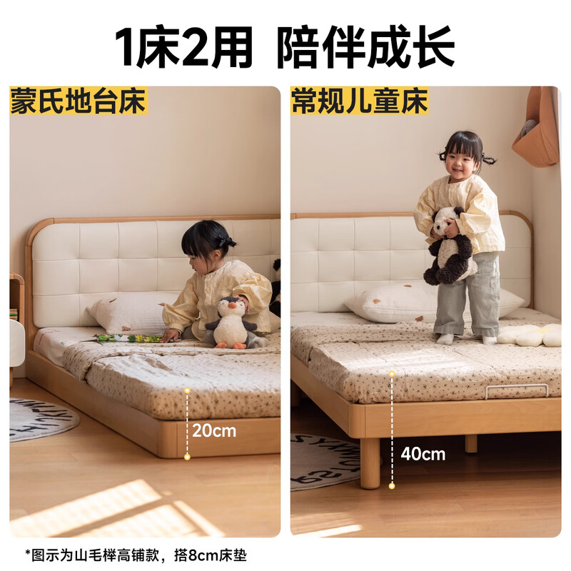 Genji Muyu Children's Furniture Children's Bed Solid Wood Montessori Platform Bed Youth Modern Simple Beech Wood Bed (1.5m Children's Bed + J168 Mattress