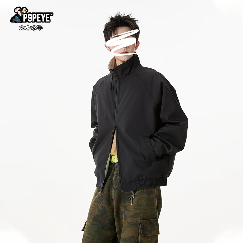 Popeye Outdoor American Stand Collar Jacket Men's Autumn and Winter Loose Casual Sports Flight Jacket DJ09 Black XL