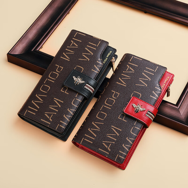 British Paul 2026 new anti-theft brush wallet for women, long leather wallet, large capacity, multiple card slots, multi-functional clutch bag for women, red first layer cowhide, anti-theft brush, anti-degaussing, wrist strap - 18 card slots