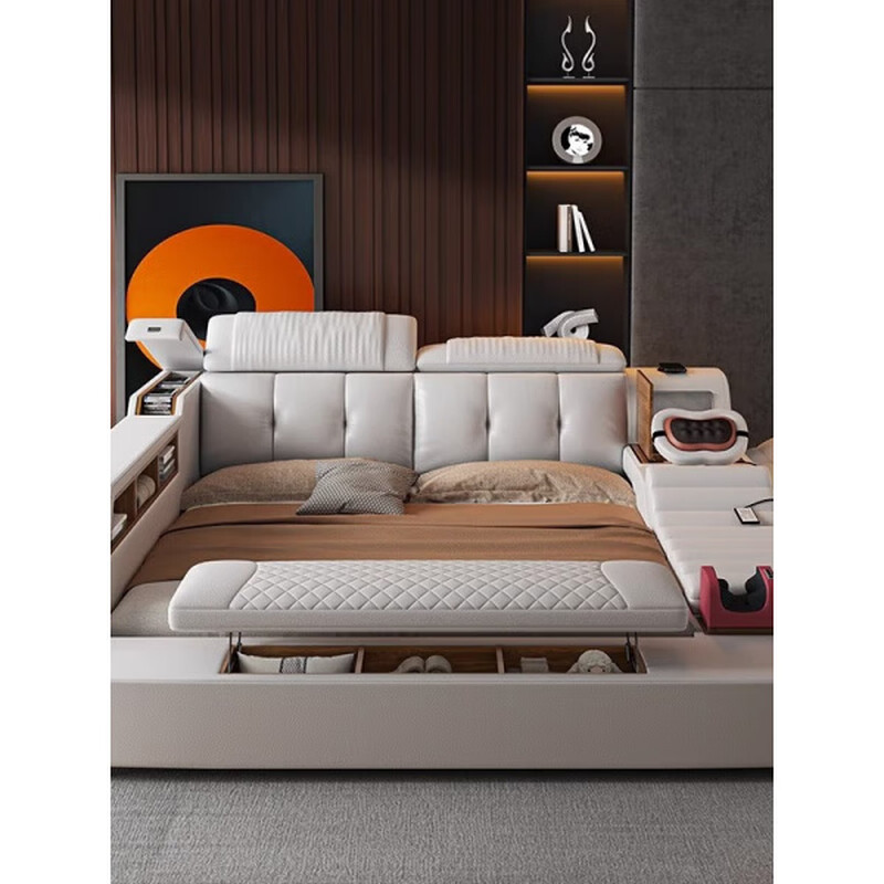 He Jiagong's 2025 new style leather bed, multi-functional massage, high-end tatami double bed, master bedroom, large bed, soft-covered wedding bed, Italian smart and practical single bed, 1800mm*2000mm frame structure