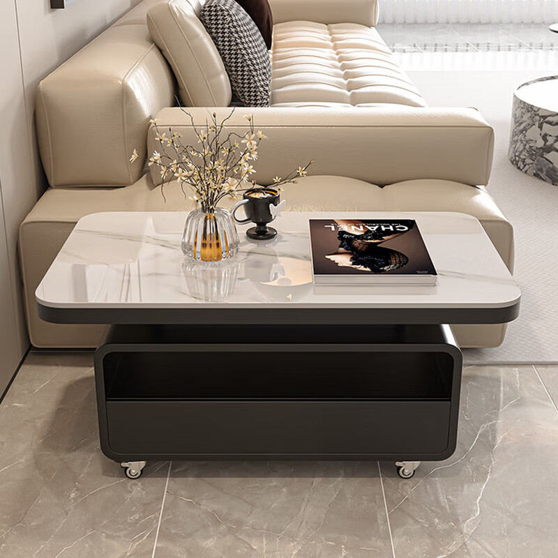 Puhuan mobile side table with wheels, new model for living room and coffee shop, small-sized tea table with stone slab, simple, light, luxurious and high-end side table, black frame, black cabinet + snow mountain white, 80 long, 45 wide, 47 high