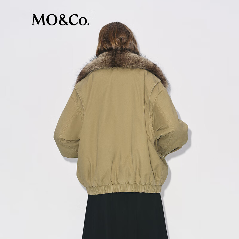 MO&Co. Jacket Filled 2025 Winter New Product Detachable Fur Collar Assute Dyed Khaki Harrington Jacket MBE4COT020 Khaki S /160