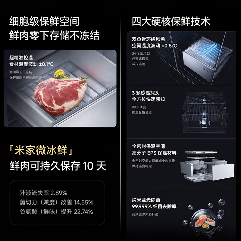Mijia Xiaomi Pro560L French multi-door refrigerator micro-chilled automatic ice making dual system ultra-thin embedded Jingdong self-operated BCD-560WFSGPDIN national subsidy