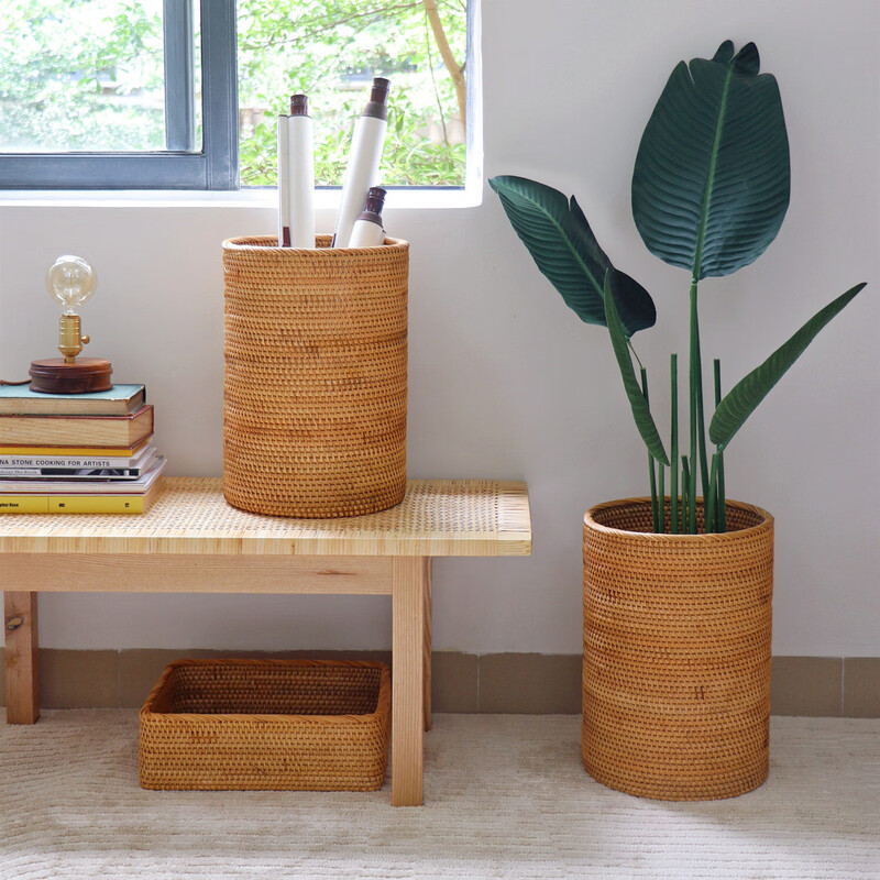 Vietnamese rattan handmade calligraphy and painting storage basket calligraphy and painting storage cylinder Chinese study calligraphy scroll tube dry flower bucket paper basket calligraphy and painting storage basket square 25*25*50cm