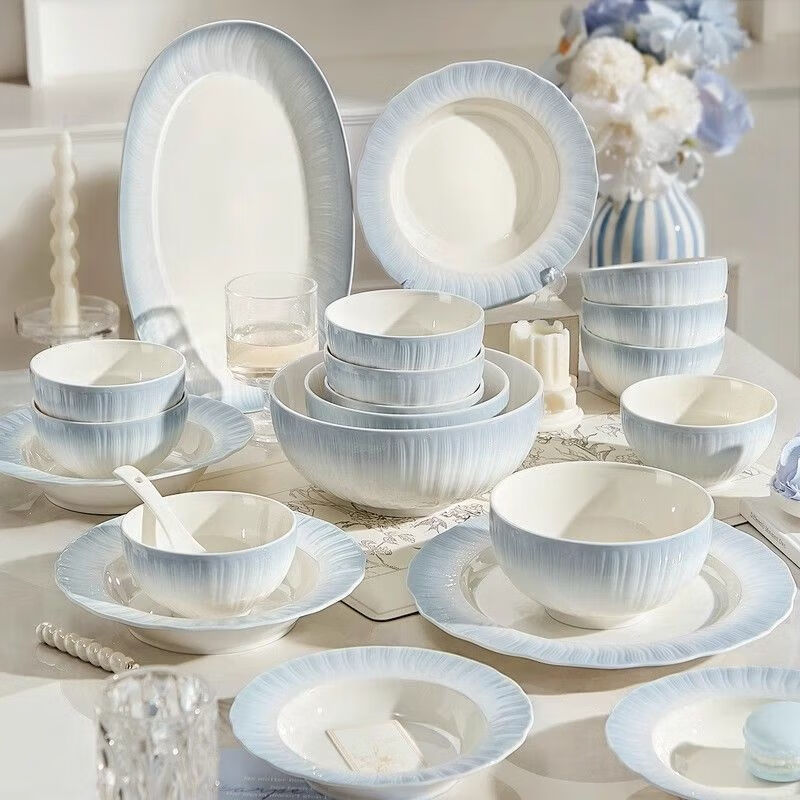 Runhua Nian underglaze color bowl and dish set for home 2025 new tableware, high-looking bowls and plates for moving into a new home, bowls, chopsticks and bowls as gifts, Yaohe, 40-piece set for eight people (microwave dishwasher compatible)