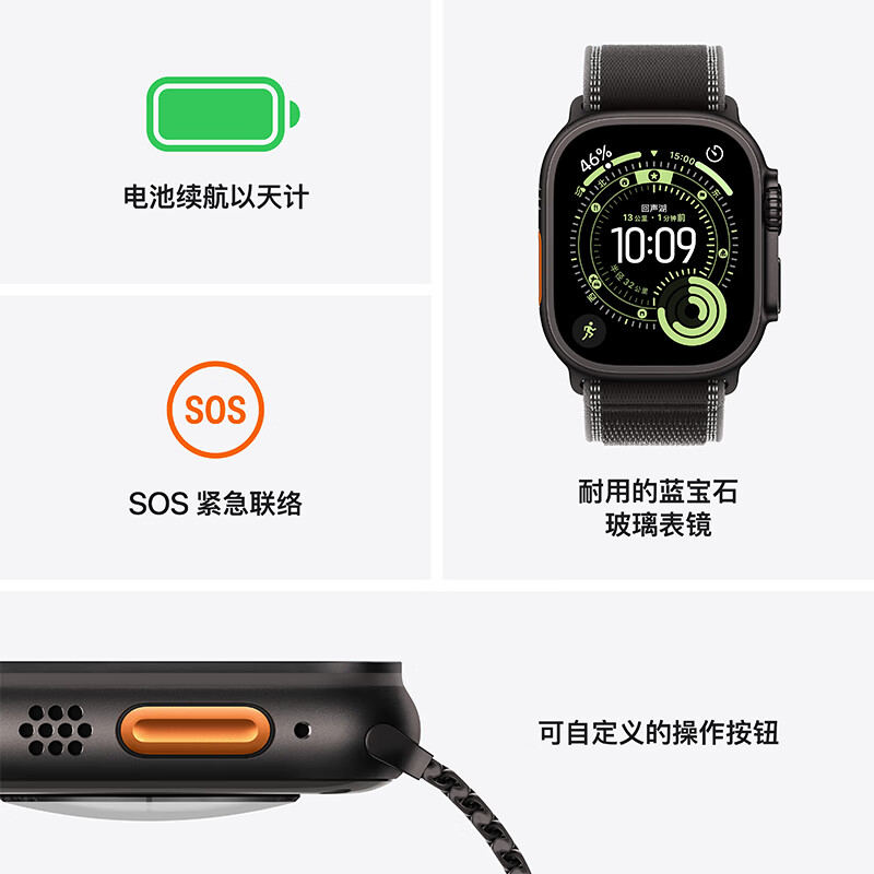 Apple/苹果WatchUltra3智能手表蜂窝款49毫米黑色钛金属表壳黑色高山回环式表带M-联通流量卡