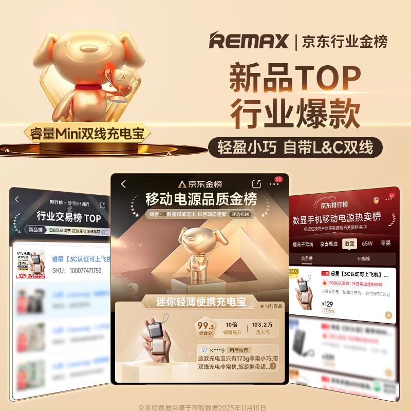 Remax 3C certified power bank 20000 mAh large capacity compact portable comes with 22.5W super fast charging suitable for Apple 17 Huawei Xiaomi can be used on airplanes