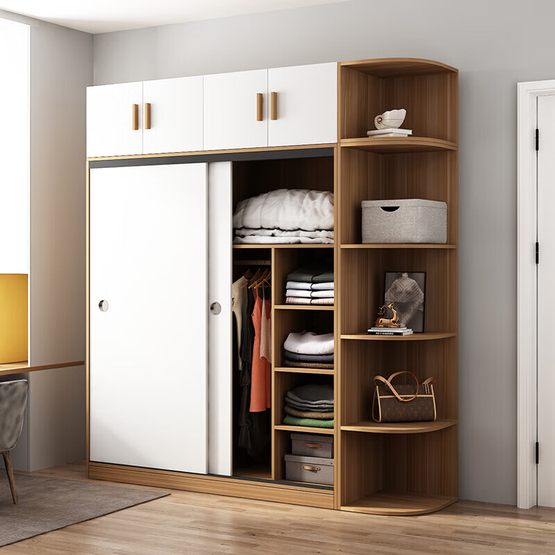 Wardrobe household bedroom wooden sliding door children's wardrobe rental house economical simple cabinet small apartment simple light white sliding door 1.2 meters single cabinet self-installation