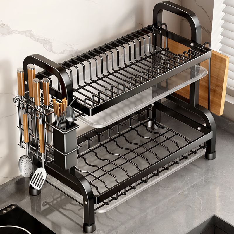 Guoshuo Technology Kitchen Dish Rack Drain Dish Rack for Tableware Cabinet Storage Cabinet Dish Box Utensil Storage Rack Complete Collection 42cm Double Layer + Knife and Chopstick Holder + Chopping Board Rack + Drainage Tray Thickened Anti-rust Multifunctional Storage Rack