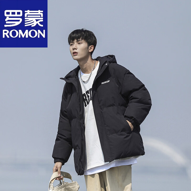 Luo Meng down jacket men's winter new thickened and warm Hong Kong style national trend versatile loose trendy brand hooded bread jacket black M 90--110 pounds can be worn