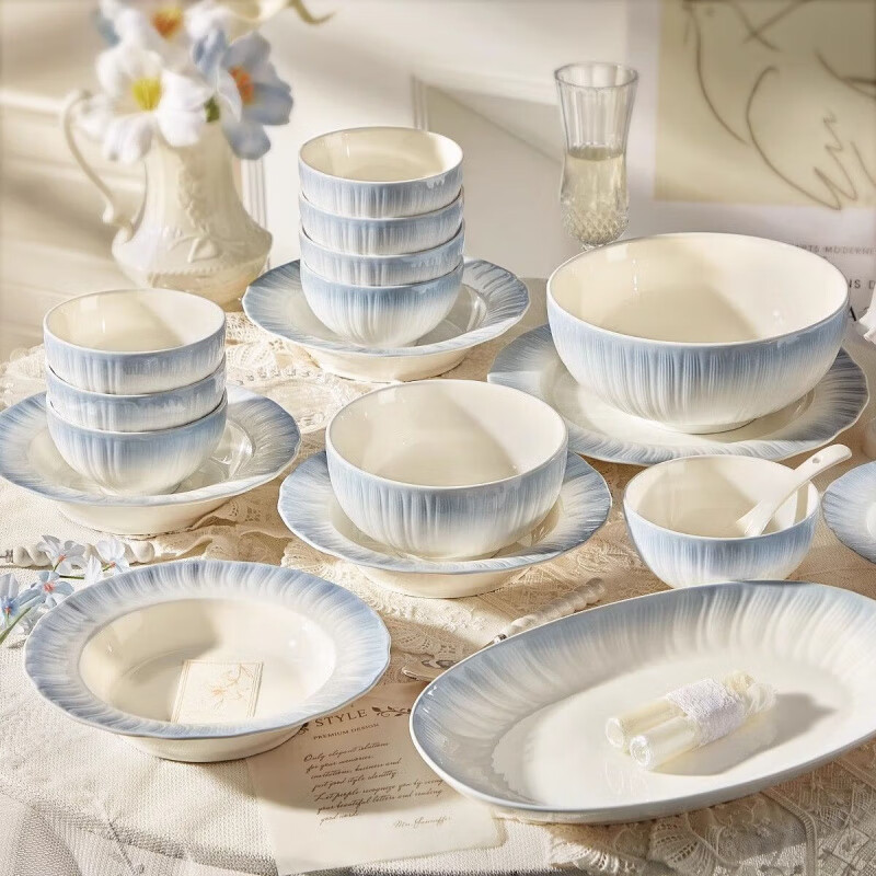 Runhua Nian underglaze color bowl and dish set for home 2025 new tableware, high-looking bowls and plates for moving into a new home, bowls, chopsticks and bowls as gifts, Yaohe, 40-piece set for eight people (microwave dishwasher compatible)