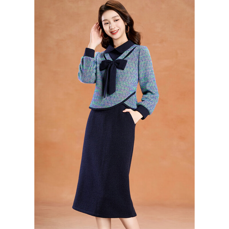 Kebel neckline bow design knitted skirt for women 2025 new winter imitation mink velvet contrasting color stitching two-piece set M