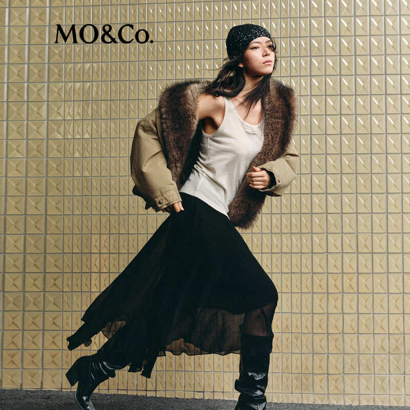 MO&Co. Jacket Filled 2025 Winter New Product Detachable Fur Collar Assute Dyed Khaki Harrington Jacket MBE4COT020 Khaki S /160