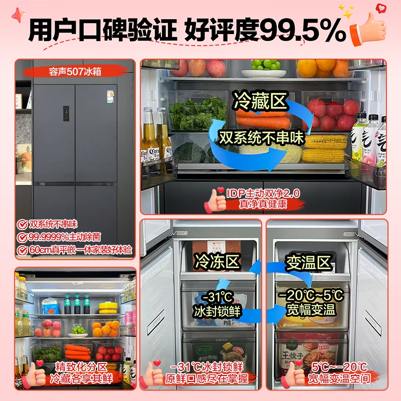 Rongsheng 507-liter IDP2.0 odor-free dual-system cross-fold four-door ultra-thin zero-embedded first-class energy-efficiency household refrigerator BCD-507E50CZLAD National subsidy BCD-507E50CZLAD