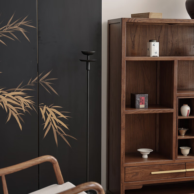 New Chinese style solid wood shelf Duobao Pavilion short Song style aesthetic tea room side cabinet bookcase tea set teapot display cabinet Northern elm walnut color 110x35x145cm