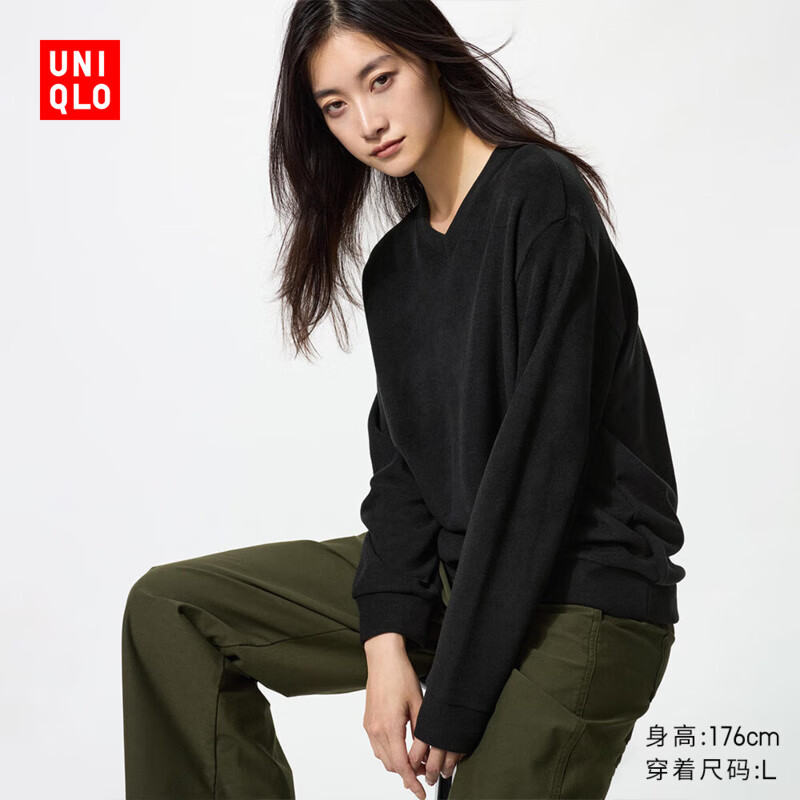 Uniqlo Women's Soft Knitted Polar Fleece V-Neck Pullover/Long Sleeve 479756 09 Black M