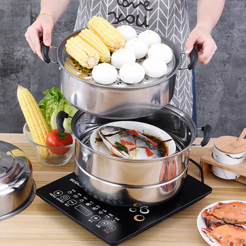 Stainless steel magnetic steamer double layer with lid for upper steaming and lower cooking induction cooker can be used for multi-layer large-capacity soup boiler household thickened steamer three layers 30cm