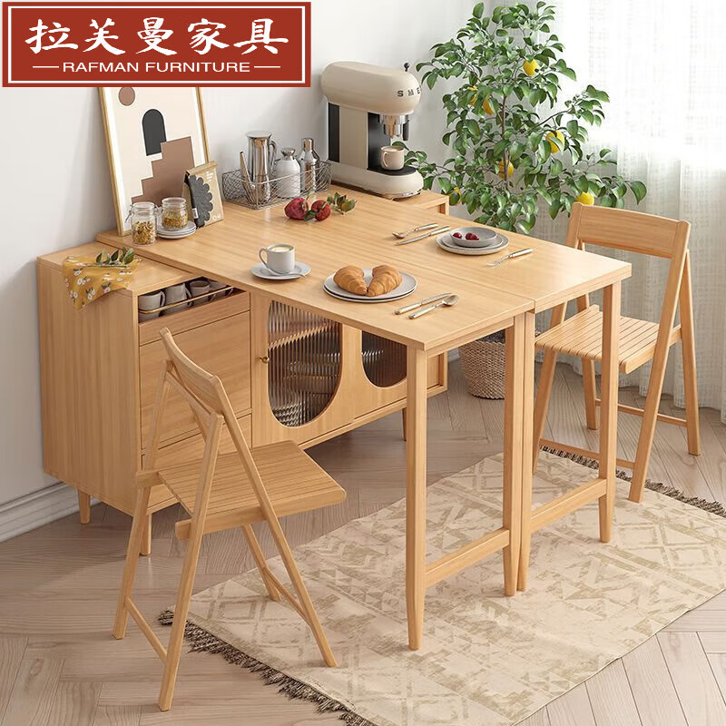 Ruffman solid wood folding dining table and sideboard integrated Japanese-style small apartment wall-mounted multi-functional storage extendable dining table and sideboard integrated folding dining table