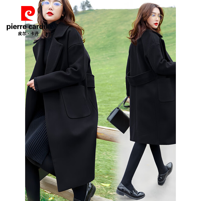 Pierre Cardin Korean style black lapel woolen coat for women autumn and winter plus size women's fat MM220 catties small person thickened woolen coat black woolen thickened S recommended under 90 catties