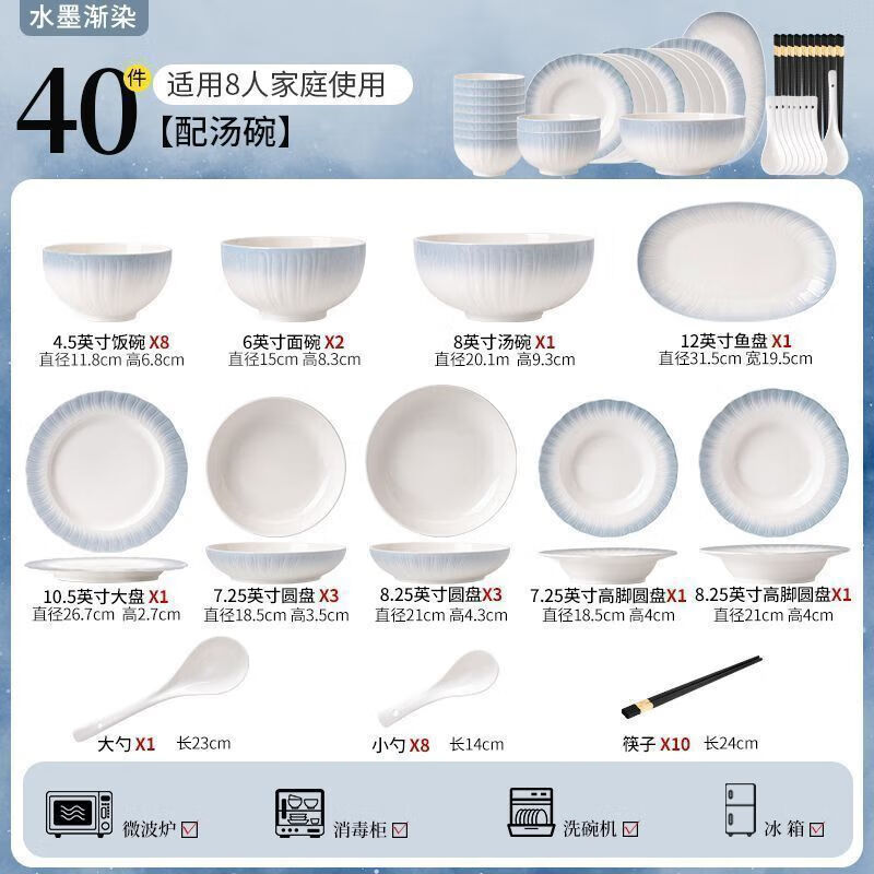 Runhua Nian underglaze color bowl and dish set for home 2025 new tableware, high-looking bowls and plates for moving into a new home, bowls, chopsticks and bowls as gifts, Yaohe, 40-piece set for eight people (microwave dishwasher compatible)