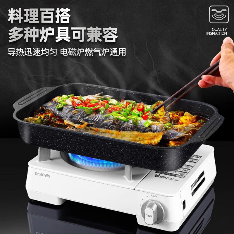 Luohua grilled fish plate rectangular household non-stick pan gas open flame induction cooker universal grilled fish special pot recommended by the store manager 45*28*8cm can hold 5 pounds carbon steel large size - with lid