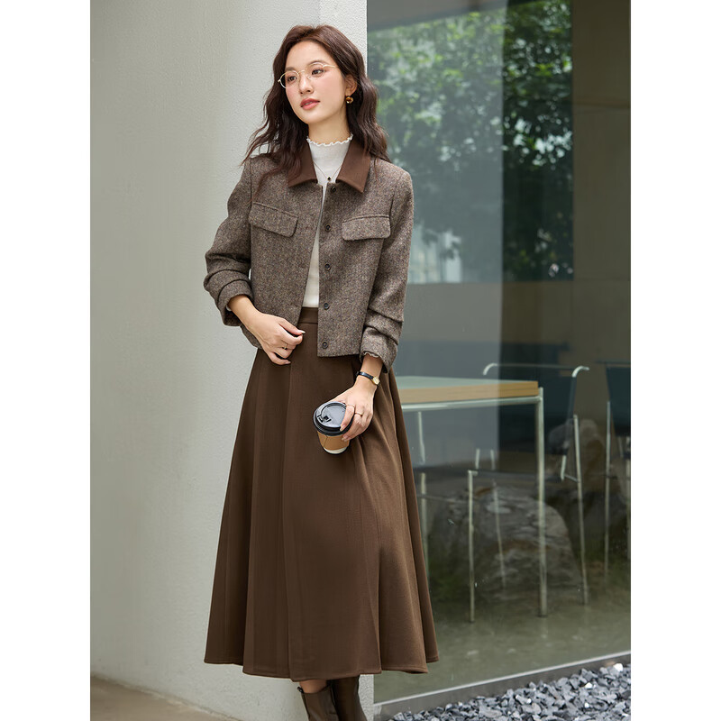 Fanximan retro woolen suit for women winter new style two-piece set with lapel top and half-length skirt, coffee color XL
