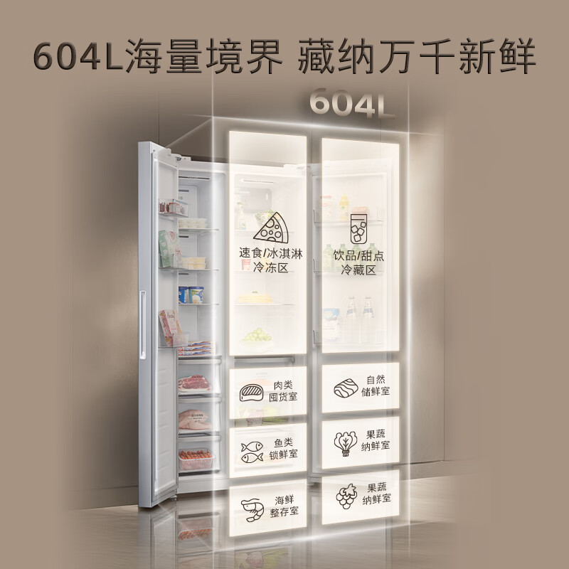 SIEMENS Bona Zhenxian 604L side-by-side refrigerator, super oxygen constant fresh sterilization, ultra-large capacity, scientific zoning, first-class energy efficiency Jingyao KA98CEA63C national subsidy